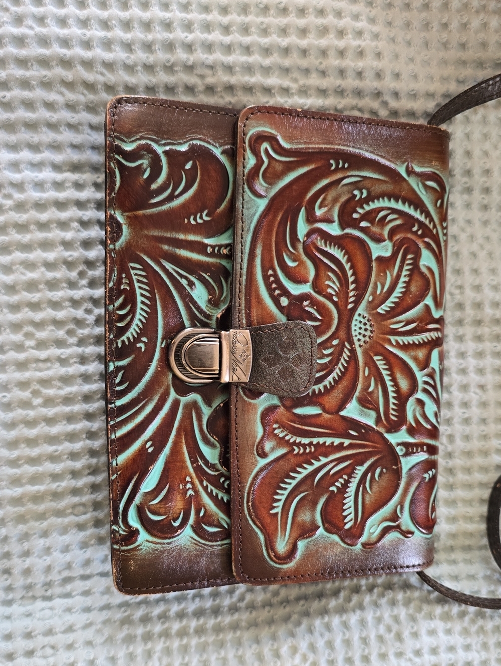 Patricia Nash Brown and Turquoise Tooled Leather Crossbody Boho Bag